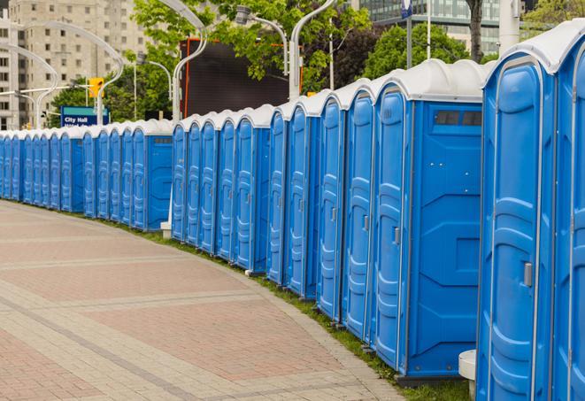 a row of portable restrooms at a trade show, catering to visitors with a professional and comfortable experience in Antioch